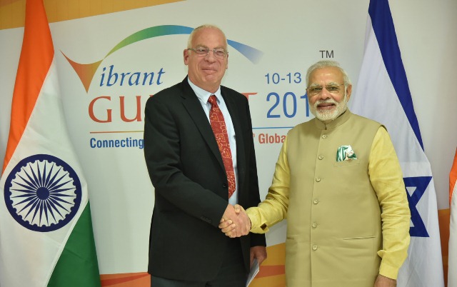 The Minister of Agriculture and Rural Development of Israel, Mr. Uri Ariel calling on the Prime Minister, Shri Narendra Modi, on the sidelines of the Vibrant Gujarat Global Summit 2017, in Gandhinagar, Gujarat on January 10, 2017.